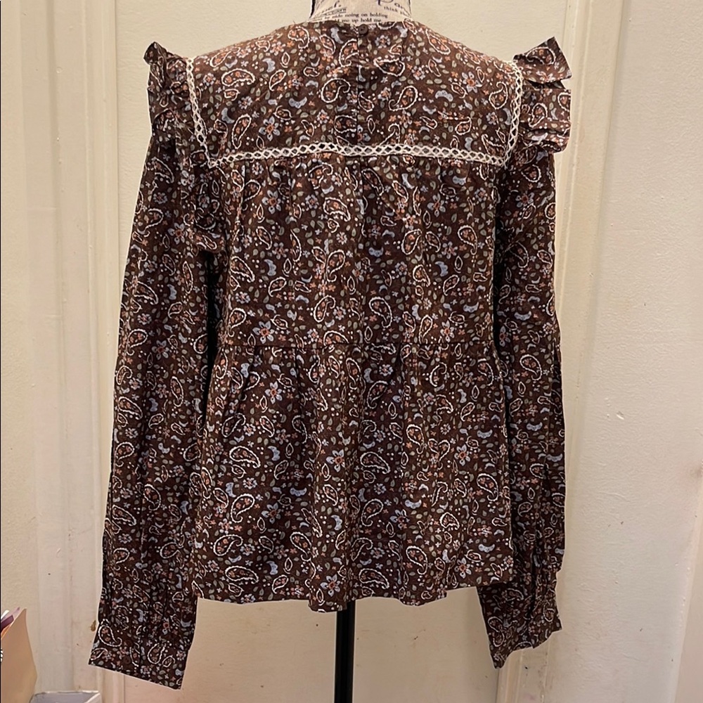 &merci Brown and White Long Sleeve Ruffled Bib Collar Blouse NWOT - Picture 3 of 3
